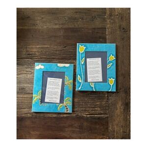 Handmade Thai Batik Mulberry Paper Frames Set Turquoise Tropical Folk Art Decor